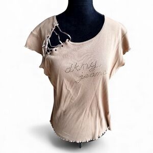 Y2K 2000’S DKNY Light Brown Cotton Side Lace T-Shirt Size Large Made in Canada